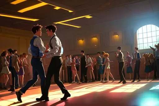 Prompt: School scene shot on the dance floor, focusing on two males having a conversation, one whom is clearly already frustrated. [school dance background], digital painting, cinematic, dreamy, by Jerry Tiritilli, Brad Bird and Stephen Spielberg, The Page Master/Back to the Future, highly detailed, sharp focus, Comic book style, manga themed, illustration, sketch. Highly detailed, 1990’s style.