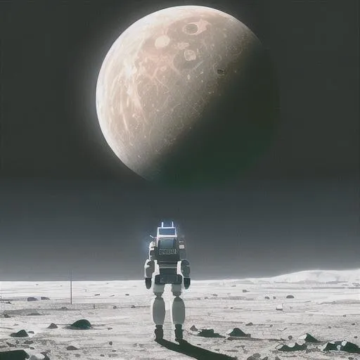 Prompt: robot the size of a planet walking on the moon