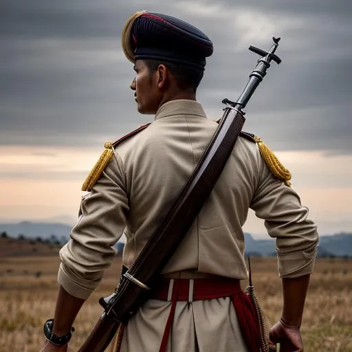 Prompt: Make a hyper real 4k style photo of a gorkha regiment soldier showing his bloody khukuri and a musket at his back in 1800s