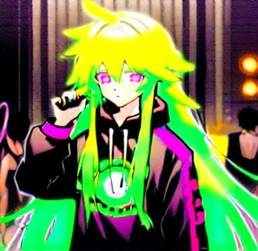 Prompt: boy long hair neon hair colours headphones music 