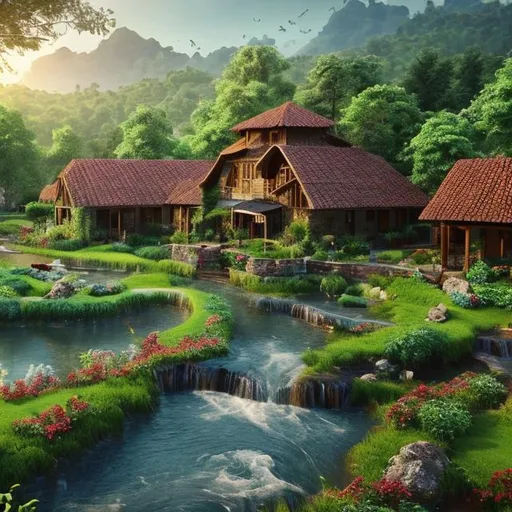 Prompt: Nature Background with greenery, Flowing Water in Somewhere, A Beautiful Farm House, Highly Detailed, Hyper Realistic, Highest Resolution, 8K