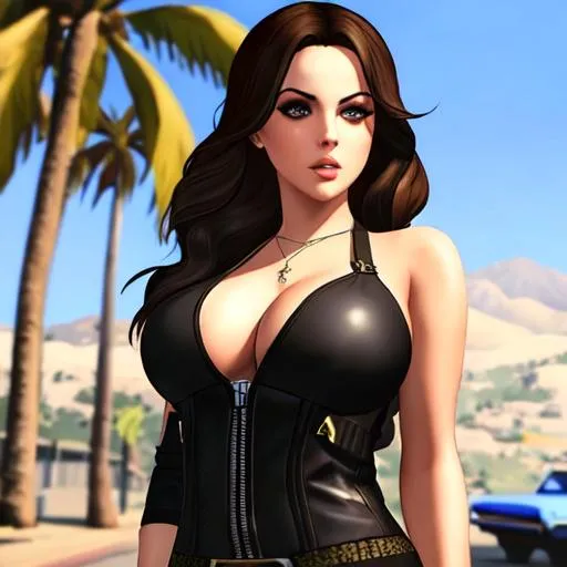 Prompt: Liz Gillies in GTA V loading screen, Los Santos, stunning, beautiful, sunny day, highly detailed