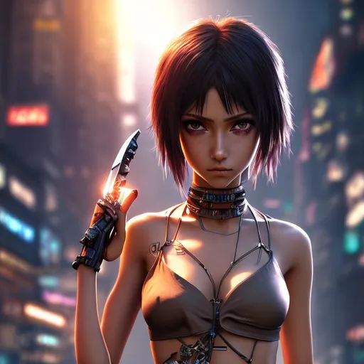 Prompt: 4k high resolution cgi anime cyberpunk style, young petite indian female, bare belly and low cut halter top, medium size chest, light brown eyes, holding a dagger in a cybernetic hand