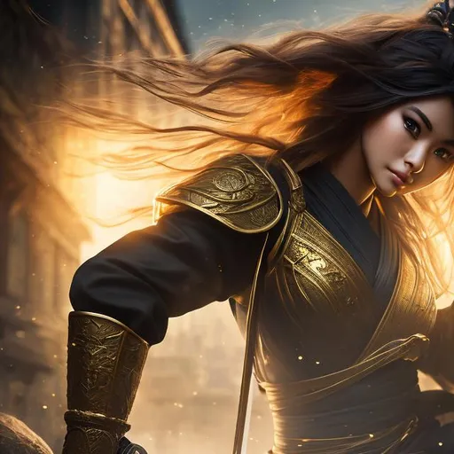 Prompt: create best quality photograph of beautiful female ninja who is wearing all gold ninja style robes, hig quality epic background, detailed face, extremely detailed environment, extremely detailed background, extremely detailed skin, extremely detailed clothing, natural colors , professionally color graded, photorealism, 8k, realistic, moody lighting, galactic environment, volumetric lighting