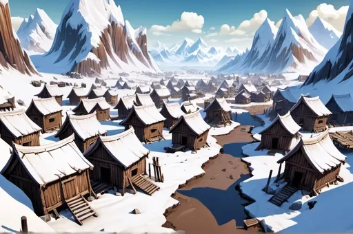 Prompt: Fantasy Illustration of a dingy settlement,  wooden sheds, muddy streets, entire settlement, birdview, immersive world-building, high quality, detailed, epic scale, fantasy, snow covered mountains background 