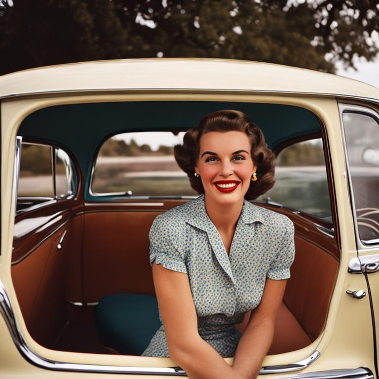 Woman sitting in the back of a car with a smile, 195... | OpenArt