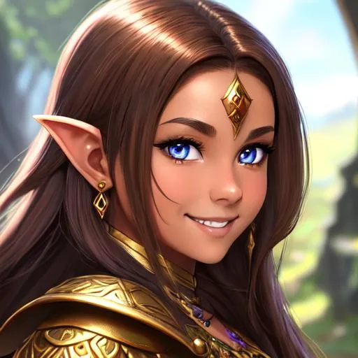 Prompt: oil painting, D&D fantasy, gold dwarf girl, tanned-skinned-female, beautiful, short bright dirty brown hair, straight hair, smiling, pointed ears, looking at the viewer, cleric wearing intricate adventurer outfit, #3238, UHD, hd , 8k eyes, detailed face, big anime dreamy eyes, 8k eyes, intricate details, insanely detailed, masterpiece, cinematic lighting, 8k, complementary colors, golden ratio, octane render, volumetric lighting, unreal 5, artwork, concept art, cover, top model, light on hair colorful glamourous hyperdetailed medieval city background, intricate hyperdetailed breathtaking colorful glamorous scenic view landscape, ultra-fine details, hyper-focused, deep colors, dramatic lighting, ambient lighting god rays, flowers, garden | by sakimi chan, artgerm, wlop, pixiv, tumblr, instagram, deviantart