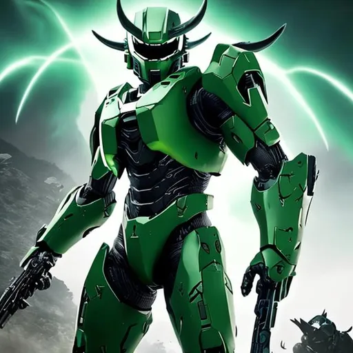 Prompt: devil green robot halo infinite shooter anime