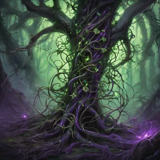 Prompt: creeping vine with thorny tendrils and dark purple leaves, each tendril ending in a claw-like grasp. Features luminous green veins pulsing with energy, coiled around a decaying tree trunk in a dark forest. Shown capturing and siphoning life energy from a small woodland creature, represented by ethereal wisps being drawn into the vine. 