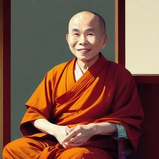 Prompt: UHD Thich Nhat Hanh smiling dressed in Buddhist monk attire in the style of Edward Hopper.