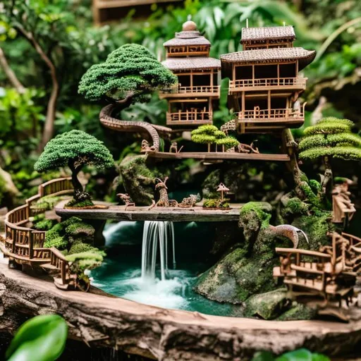 Prompt: tiny wooden zoo with bonsai trees and waterfalls monkeys
