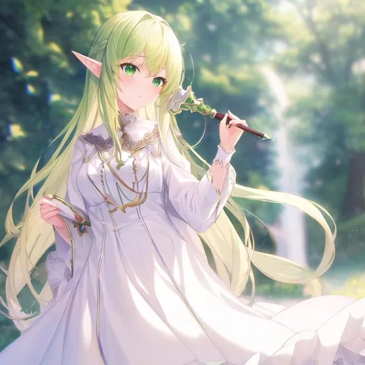 Prompt: (masterpiece, best quality:1.2), illustration, absurdres, highres, extremely detailed, 1 elf girl, white long hair, green eyes, eye highlights, white dress, 
 chromatic aberration abuse, pastel color, Depth of field