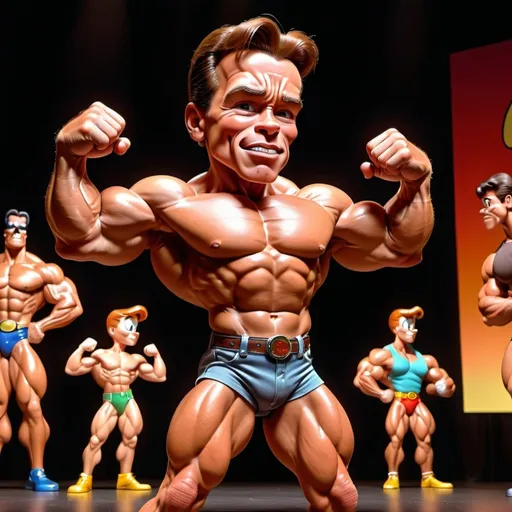 Prompt: A little person, Young Arnold Schwarzenegger, muscle pose, stage performance, glistening muscles, detailed facial features, vibrant colors, photo realistic, Looney Toons style, audience, theatrical lighting, high quality, detailed muscles, stage setting, professional, animated shading, cartoon realism, detailed expression, muscle definition