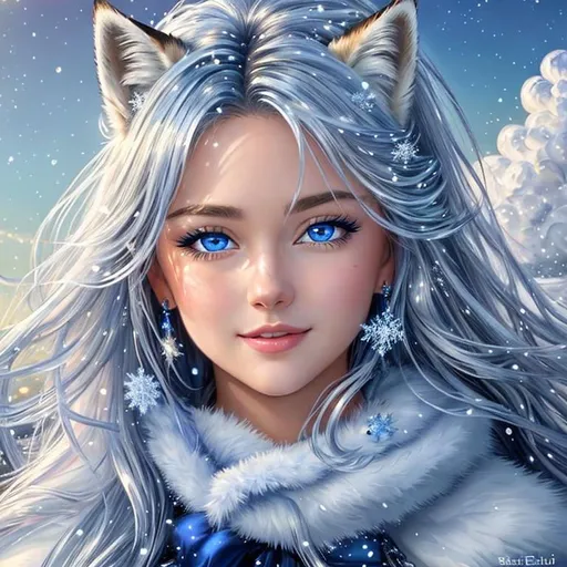 Prompt: UHD, 8k,  oil painting, Anime,  Very detailed, zoomed out view of character, HD, High Quality) Adolescent vixen fox, ice elemental, deep blue pelt covered in frost, bashful hypnotic sapphire blue eyes, calm bashful smile, gorgeous silver mane covered in snowflakes, slightly plump, moonlight beaming through clouds, grassy field covered in frost, cool colors, professional, unreal engine, depth, volumetric lighting