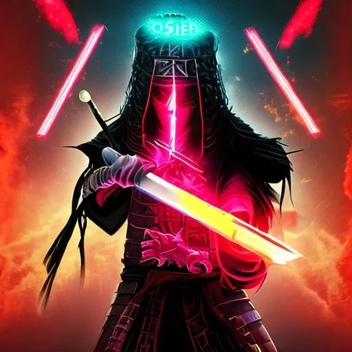 Prompt: Digital samurai holding out his sword being cool and the background being neon. The samurai is facing backwords