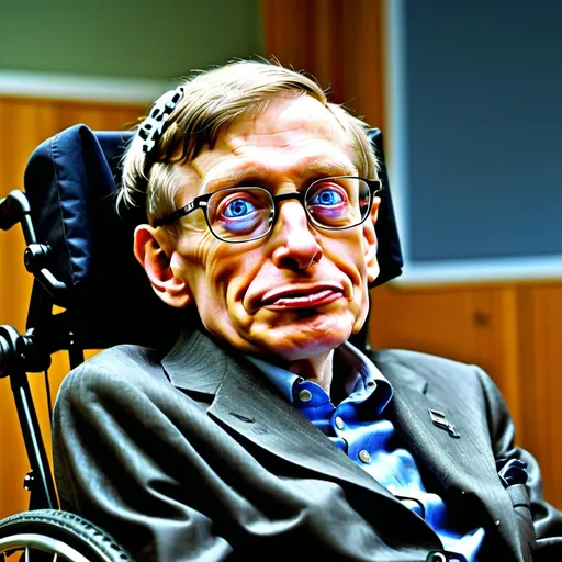 Prompt: Steven Hawking in his later years, sitting in his electric wheelchair, his head is tilted, he has one big eye that looks like a hawk eye, that is staring close up at the camera, detailed features, intense and curious gaze, high-resolution, photo realistic, surreal, vibrant colors, dramatic lighting, high detail feathers, professional, unique concept, he is inside a university classroom, scientific theme