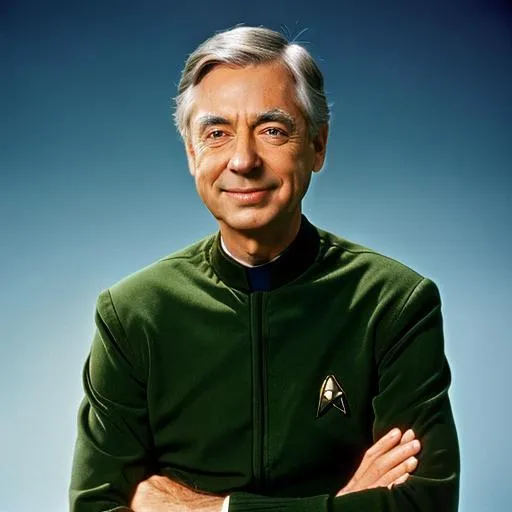 Prompt: Fred Rogers in a Starfleet uniform. {Star Trek: The Next Generation}