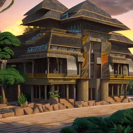 Prompt: hyperrealism neofuturist design by of Mobutu a palace inspired beautiful detailed African inspired 2 story family house with a little bit of intricate and artistic congolese minerals details in small detailed beautiful modern paved Congolese town sunset behind the house, around the rainforest volumetric natural light wakanda style, cinematic light, ultra realistic, vray, far view, perspective landscape