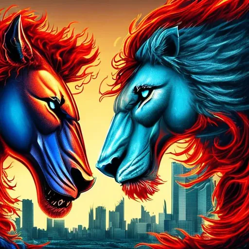 Prompt: Honolulu Blue lion and Red Horse Staring Fiercely at each other, Muscular Body, with a flaming mane, Realistic, Powerful, Teal Detroit City Skyline in Background, Close-up of twinkling glimmering eyes, 
