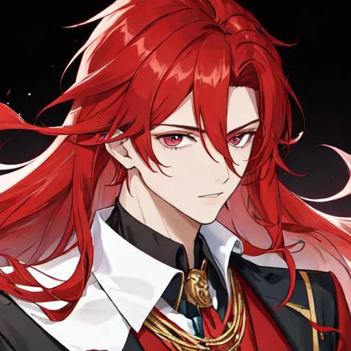 Prompt: Zerif 1male (Red side-swept hair covering his right eye) wearing a royal suit