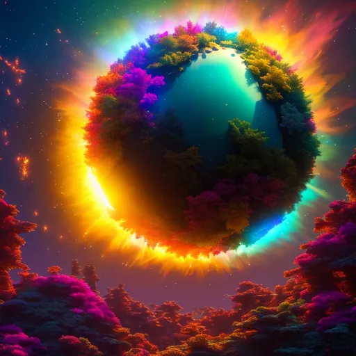 Prompt: phoenix bird, holding the bright sun with its claw: spherical terrarium, abstract dream, flower, brushes, Foliage, wild, orb, Fantasy, Complex, gemstone, Highly detailed, Intricate, elaborate, Octane render, 4k hdr, Colorful, fractal, Black background, eco system, Glowing, crepuscular rays, Luminescence