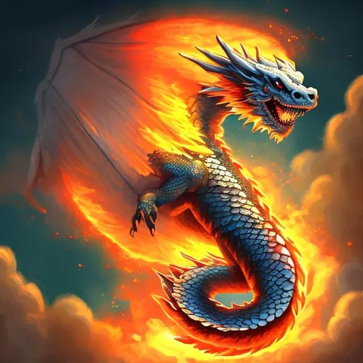 Prompt: A ghost dragon flying on the sky big fire eyes,without ear best dragon veriaty