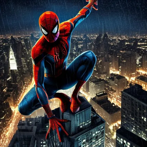 Prompt: Spider-Man sitting on top of a building at night, looking out over a city as rain falls