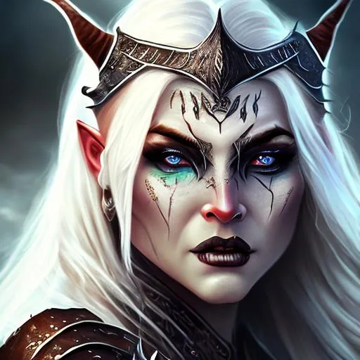 Prompt: Female Orc with white skin and tusks, female, woman,  tusks, armor, no helmet, white long hair, gothic art style, digital painting, character concept, fantasy, portrait