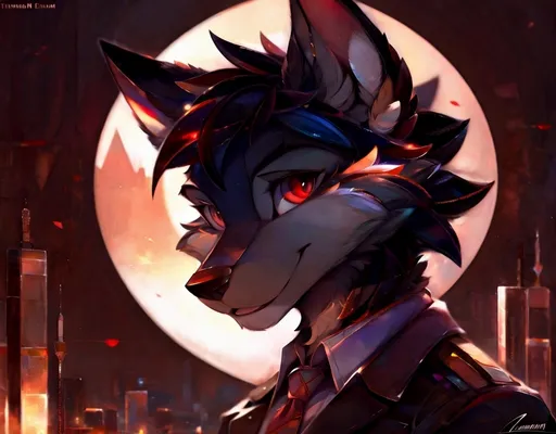 Prompt: solo, anthro, (by_einshelm), wolf, dark fur, red eyes, in a business suit, hell in the background