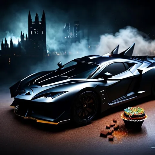 Prompt: batman, cake, sharpness, smoke, mystery, gothic, epic, hyperrealism, 3D detailed, incrustation, contrast forms and lines, contrast space and light, dof, multi-morph