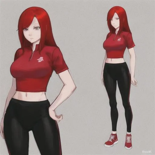 Prompt: original character  , redhead , shy , red princess sport outfit , reference sheet , black pants , portrait 