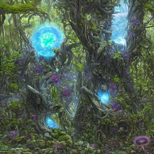 Prompt: magical giant sentient carnivorous plant creature with teeth and one blue flower at its center. sunlight shafts floating crystal shards with ancient stone moss covered pillars