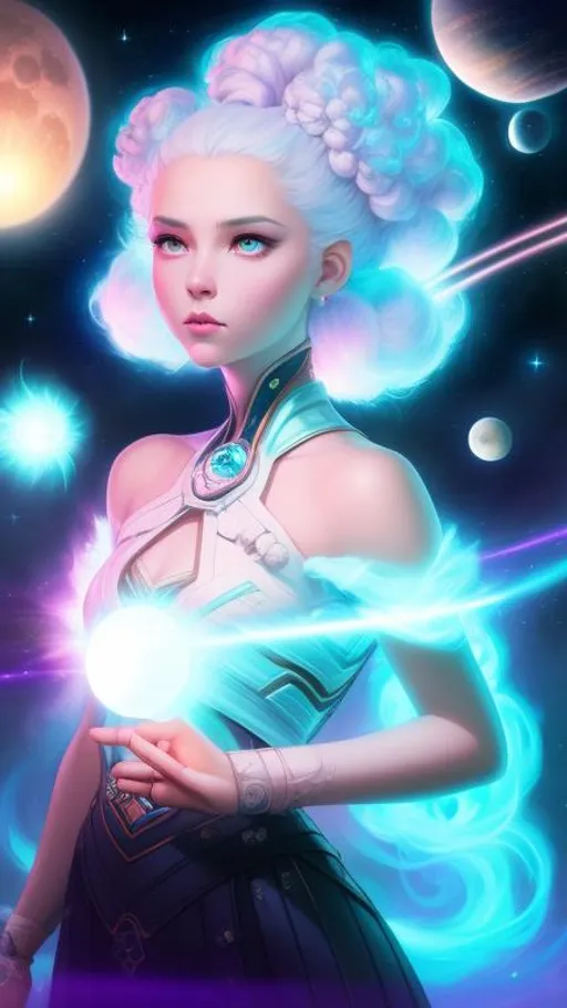 Prompt: beautiful cool girl with cosmic hairstyle. Her Hair is made of white puff glowing clouds in a updo held by glowing shooting stars, planets and the moon. dramatic lighting coming from the planets, aesthetic, inspiring, creative, hyperdetailed, rim lighting, art by artgerm , Peter mohrbacher, Greg rutkowaski, Tom Bagshaw, WLOP, digital art, smooth, aesthetic, glow, shimmer