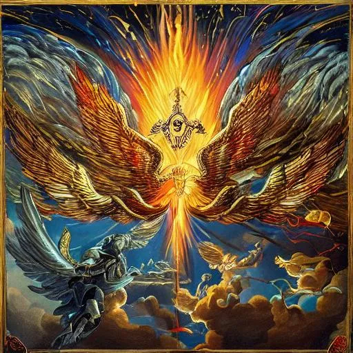 Prompt: battle of the heavens, with angels of fire faces, wings of metal, phoenix, arrows of light and leviathans in water. light meets  darkness, and  the LORD is king over all

