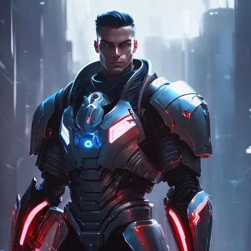 Prompt: Handsome man, muscular, long black hair, pale skin, blue eyes, giant sword, fantasy art style, painting, futuristic, armour, biological mechanical, evil, full body, red lights, war machine, pipes, metal, chrome, reflective, cyborg