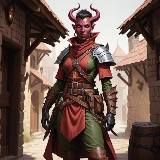 Prompt: Dungeons and Dragons Tiefling ranger, thin and timid, town guard deputy.