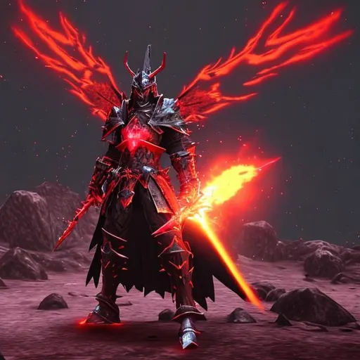 Prompt: a black knight with a red magic aura and a dark red flaming sword  in a dark wasteland area