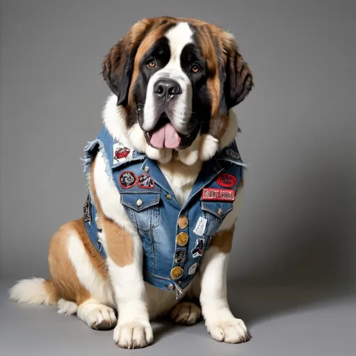 Prompt: st bernard wearing a heavy metal music denim vest with patches and bullet belt