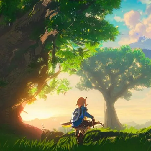 Prompt: long shot scenic professional photograph of Zelda and Link under a cherry tree blossom on a Zelda Breath of The Wild scene near a small lake on a misty mountain at twilight, perfect viewpoint, highly detailed, wide-angle lens, hyper-realistic, with dramatic sky, polarizing filter, natural lighting, vivid colors, everything in sharp focus, HDR, UHD, 64K