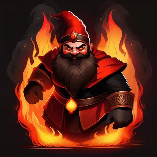 Prompt: portrait of a dwarf on fire as an evil creature, flames, burning, dark magic, terrifying face, beard, red hat, creepy pose, full body, dramatic lighting, dark and horror, dust, huge smile, red eyes, intricate, wild, highly detailed, digital painting, artstation, concept art, smooth, sharp focus, illustration, art by artgerm and greg rutkowski and alphonse mucha, footage from space camera