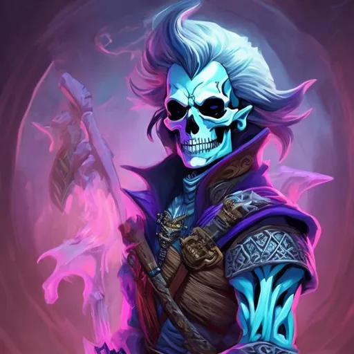 Prompt: DND character portrait male skeleton bard with vibrant looking clothing