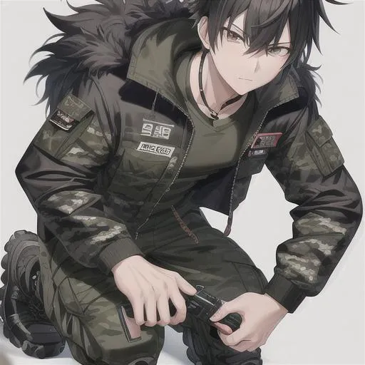 Prompt:  Yuichi 1male. {{Black spiky hair}} Wearing a camouflage jacket, cargo pants, sturdy boots, utility belt with pockets. Adam Manyoki, UHD. 4K. Highly detailed face. Adult