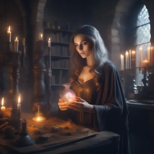 Prompt: Mysterious beautiful sorceress surrounded by magical ephemoral essence in a medieval castle alchemy lab