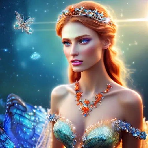 Prompt: HD 4k 3D 8k professional modeling photo hyper realistic beautiful woman ethereal greek goddess of the clear blue sky
orange hair blue eyes gorgeous face fair skin shimmering dress with gems jewelry and winged tiara full body surrounded by magical glowing divine light hd landscape background blue sky birds and butterflies