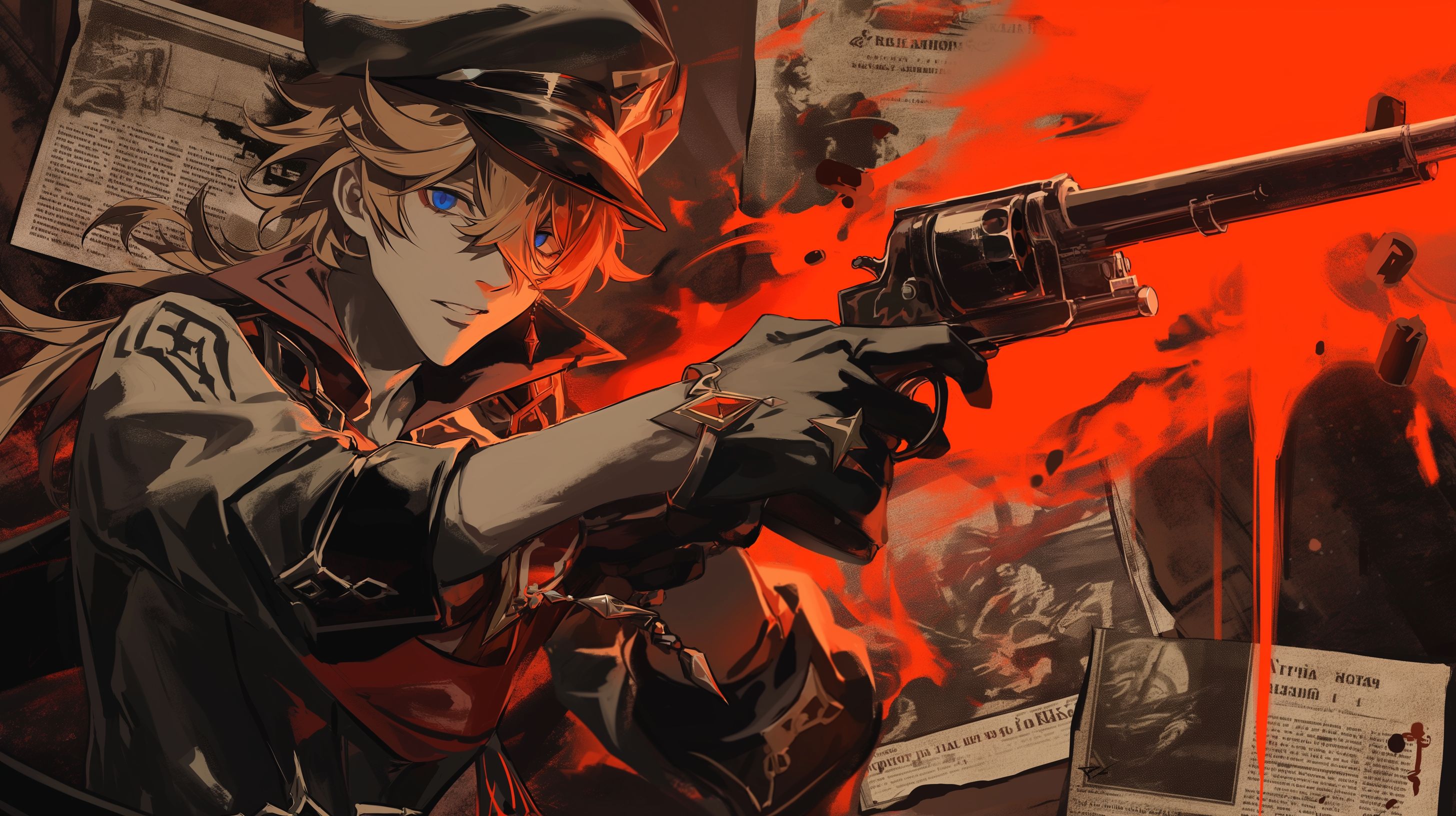 Prompt: Tartaglia from genshin impact, bright blue eyes, single red earing on right side, fireing a tommy gun infront of an old black and white photo old aged newspaper. The only color on the newspaper is the red of dried blood, he's in a cool dramatic pose holding the machine gun surrounded by black silloutes of 1950's style communist russians, he is wearing an fedora with a wide brim styled after his red Fatui mask --niji 6 --ar 16:9