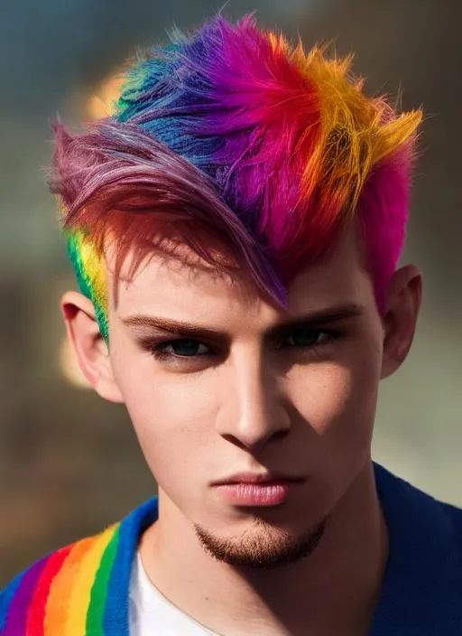 Prompt: Portrait of {homosexual young gay man} with {rainbow dyed} hair and with cute face, {gay parade}, perfect composition, hyperrealistic, super detailed, 8k, high quality, trending art, trending on artstation, sharp focus, studio photo, intricate details, highly detailed, by greg rutkowski
