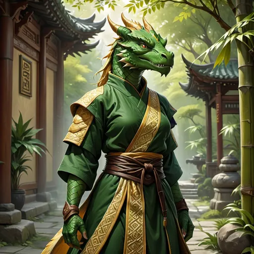 Prompt: Fierce female dragonborn monk, slim athletic build, clad in traditional monk robes adorned with intricate patterns, exuding strength and grace, deep emerald scales gleaming in the warm sunlight, intense focused expression, surrounded by a serene temple environment with soft bamboo trees, high-resolution, ultra-detailed, mystical ambiance capturing the spirit of discipline and tranquility.