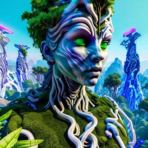 Prompt: On a distant planet there is a greek marble statue of a goddess overgrown by neon plants. Rocks and unearthy plants surround it. Photo taken from the top of a hill.
Unreal engine, vibrant colors, highly detailed.