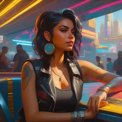 Prompt: Latina girl in Cyberpunk 2077, cartoony, sunny atmosphere, extremely detailed painting by Greg Rutkowski and by Henry Justice Ford and by Steve Henderson