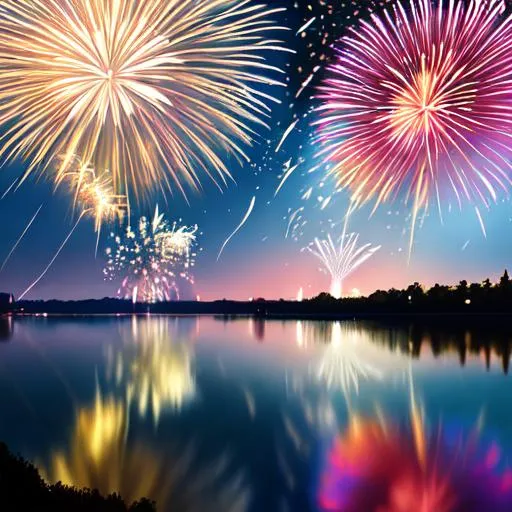 Prompt: fireworks over water with reflection